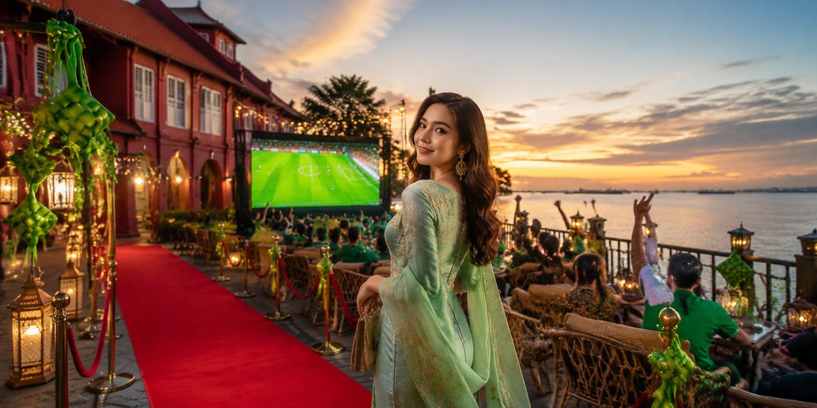 Suasana padang bola sepak malam di Malacca semasa Hari Raya dengan lampu terang